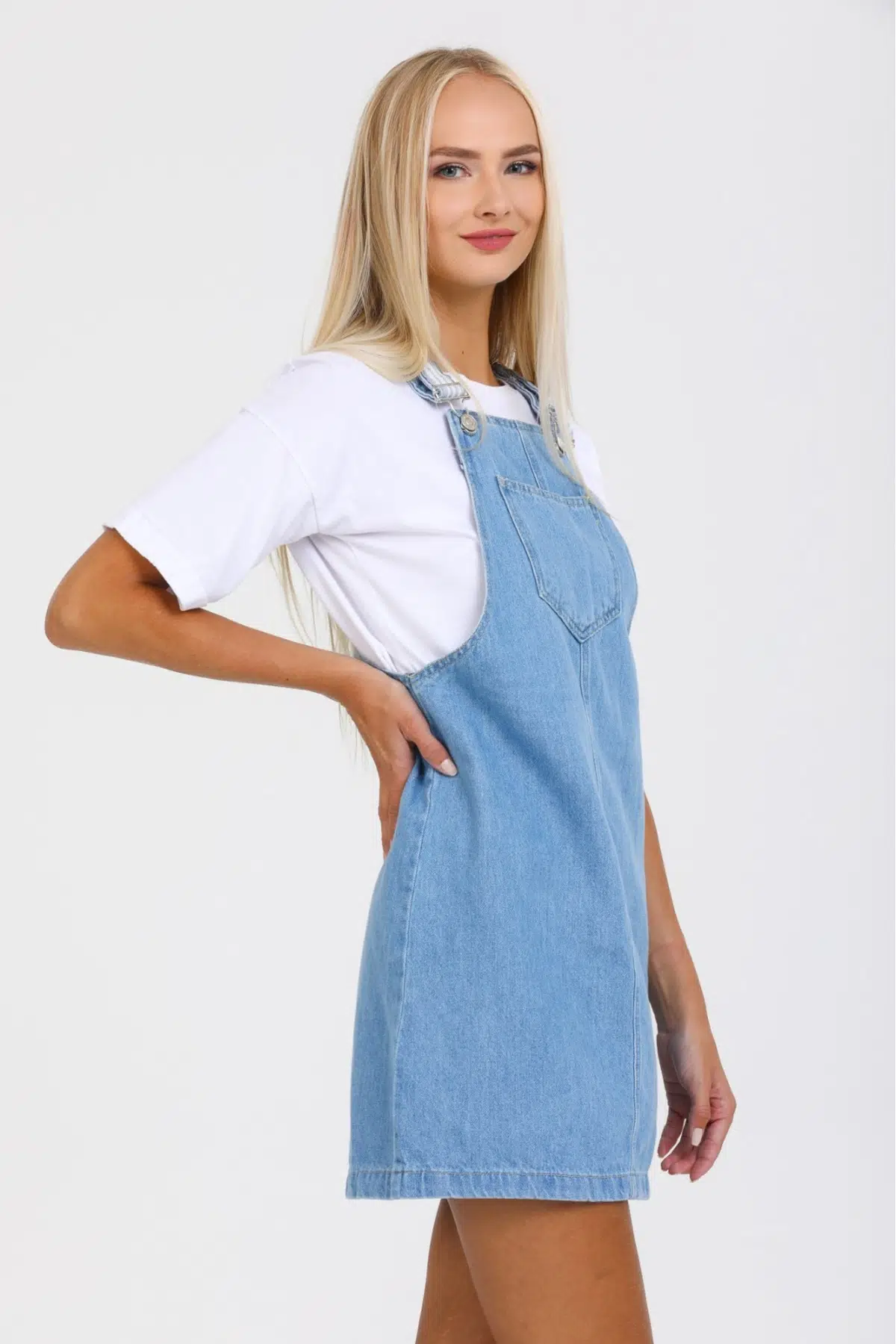Mavi Askılı Mini Jean Cepli Salopet Kadın Elbise - Mavi