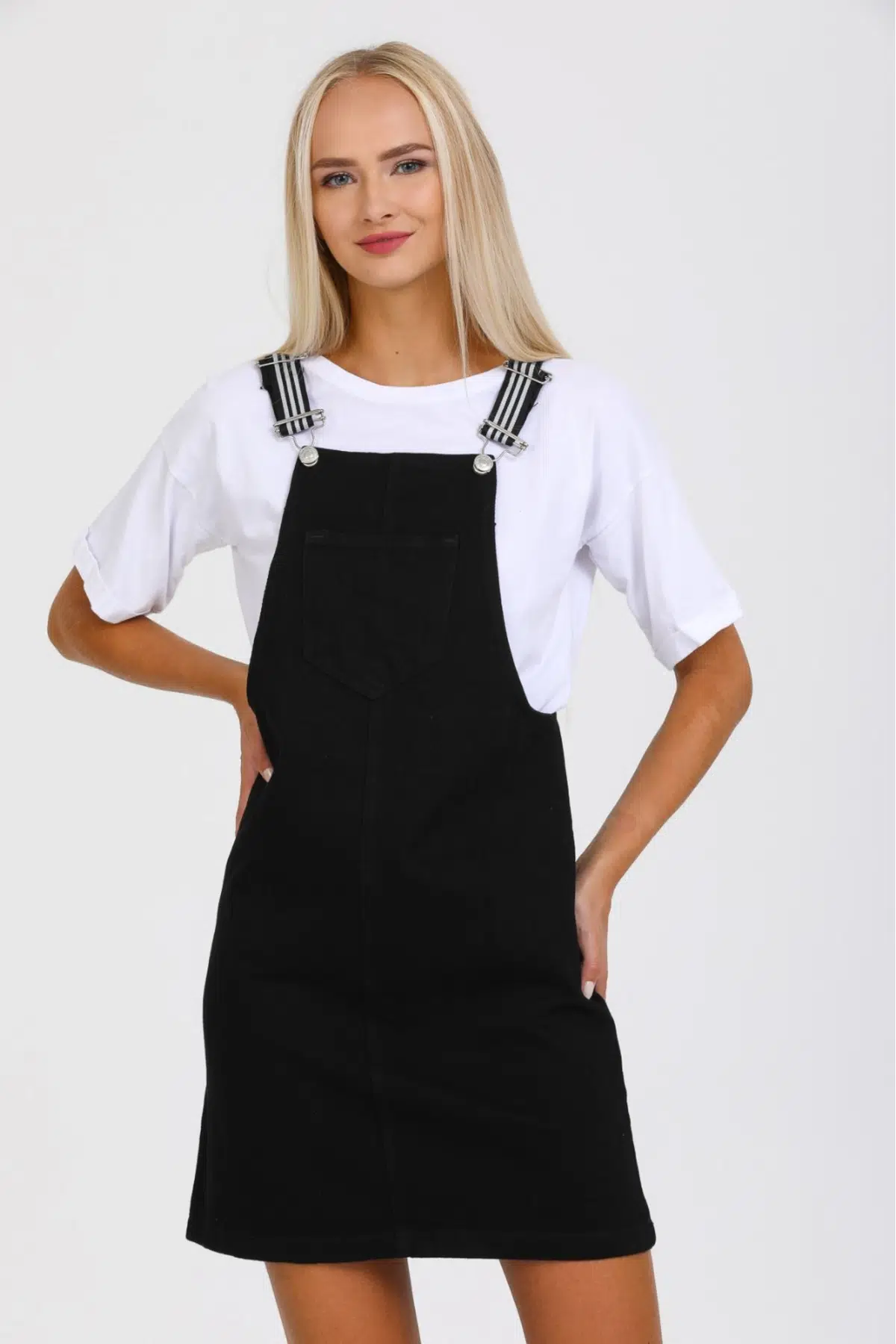 Mavi Askılı Mini Jean Cepli Salopet Kadın Elbise - Siyah
