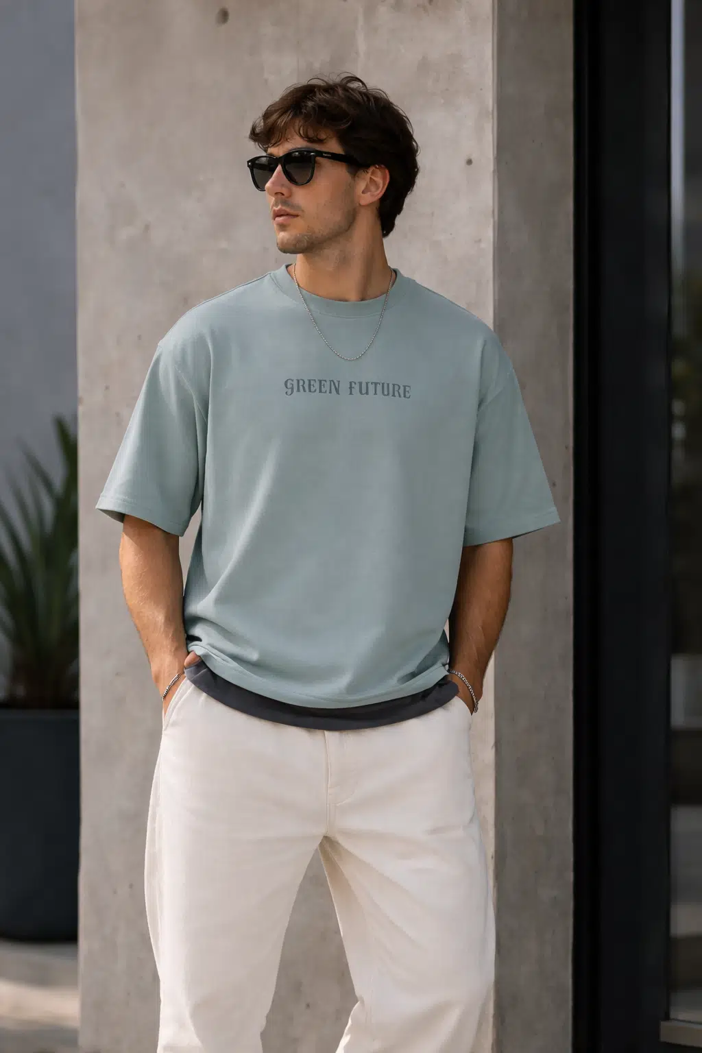 Oversize Boxy Fit Erkek T-Shirt – Kalın Pamuklu, Green Future Baskılı, Sokak Stili Premium Tişört