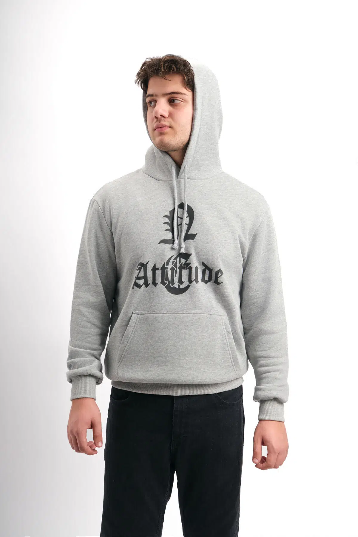Oversize Geniş Kalıp Baskılı Kapüşonlu Erkek Sweatshirt - Gri