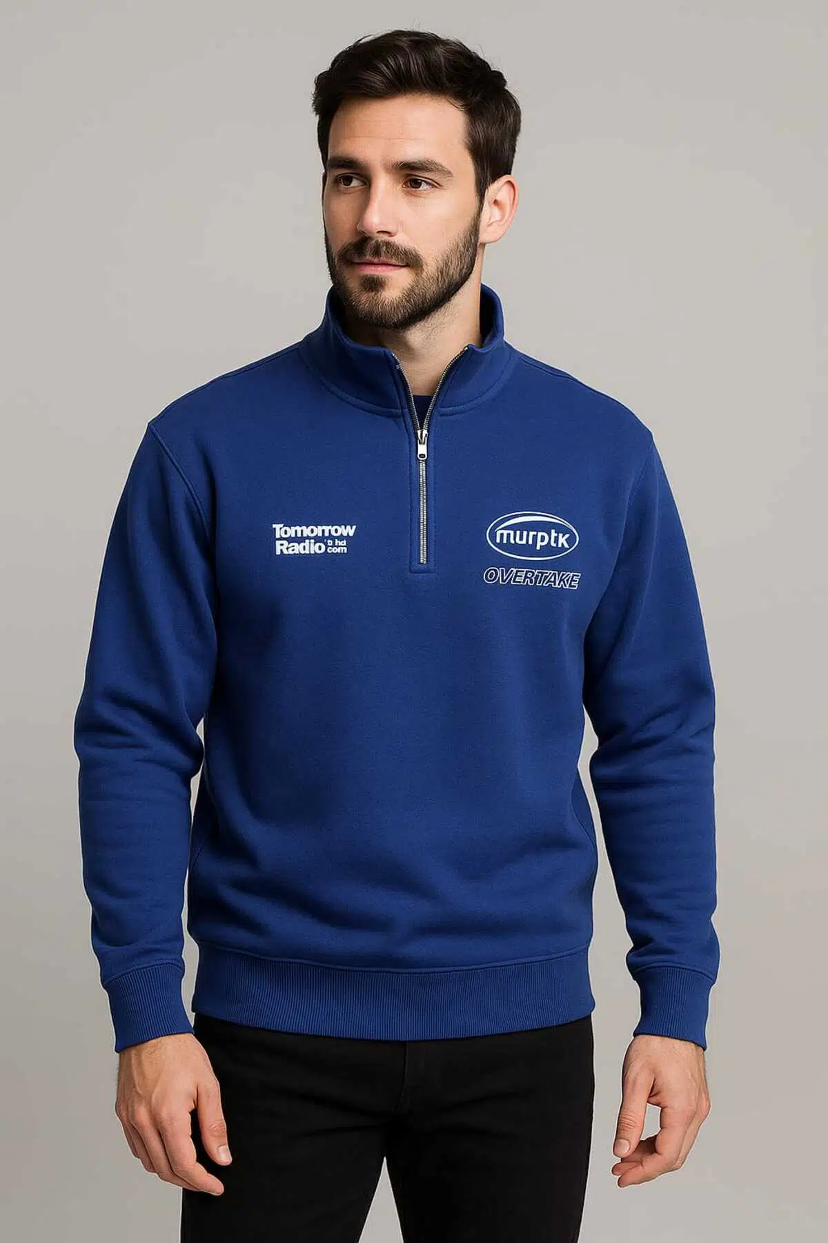 Regular Fit Baskılı Mavi Dik Yaka Fermuarlı Sweatshirt