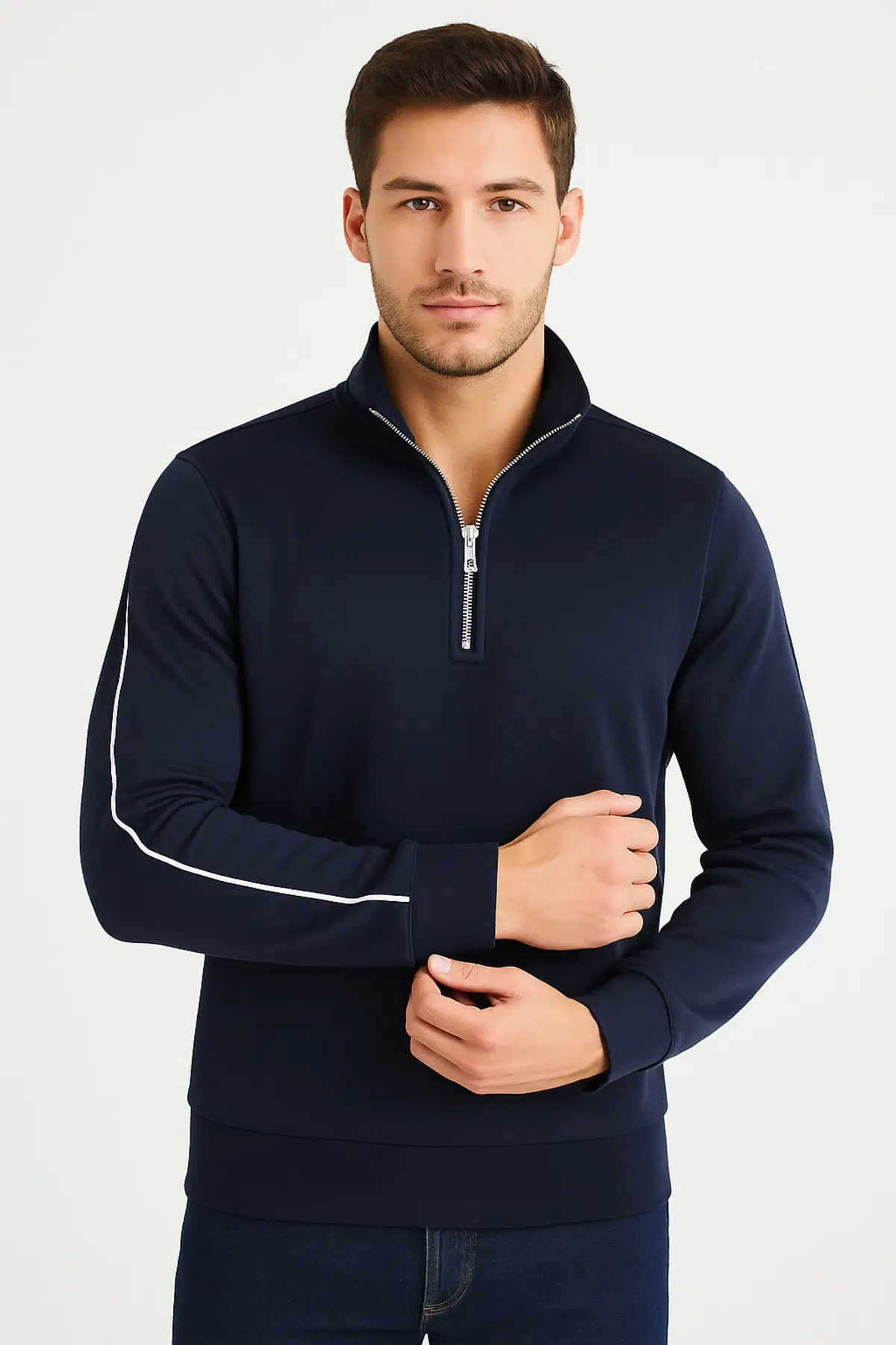 Regular Fit Yarım Fermuarlı Dik Yaka Basic Sweatshirt