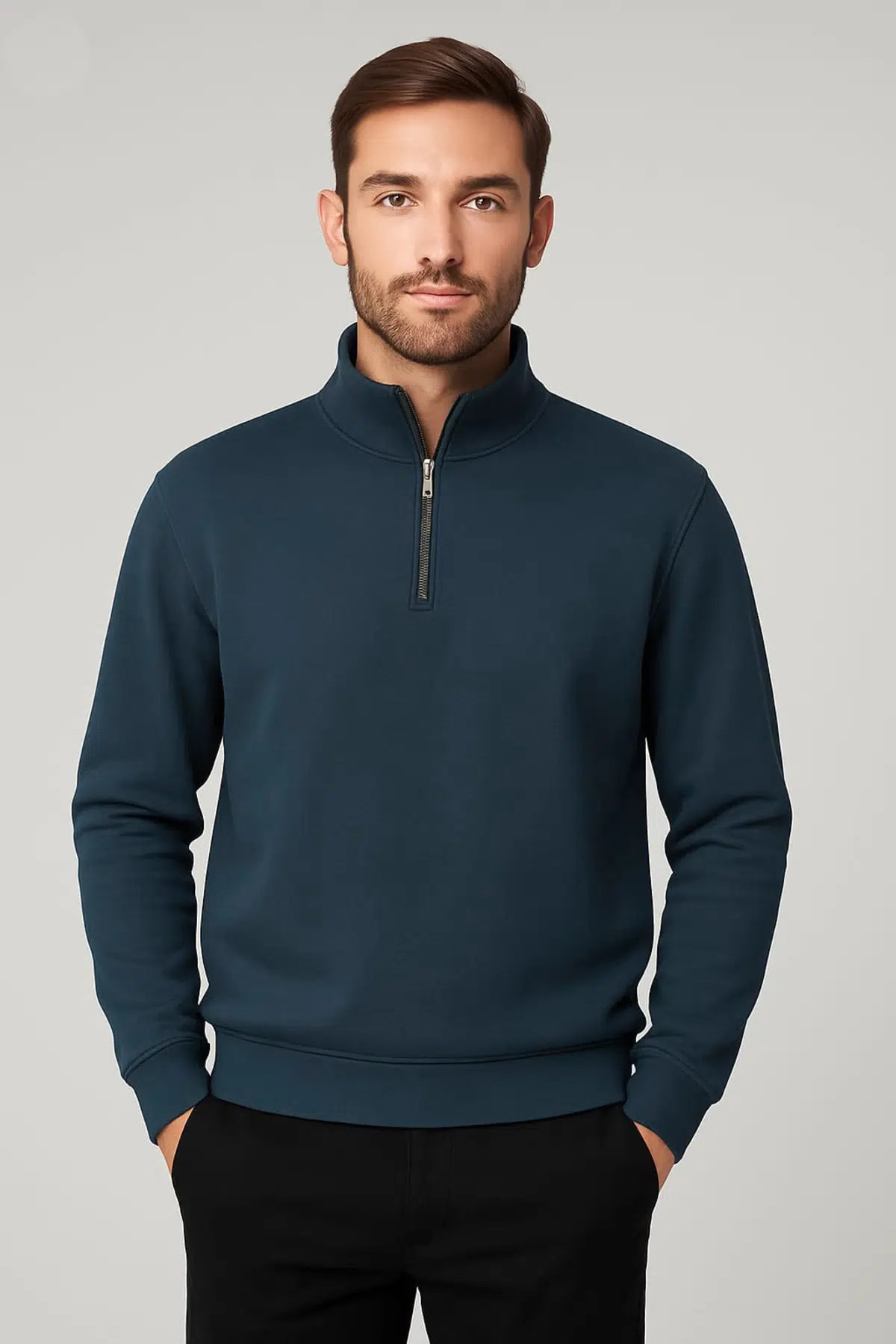 Regular Fit Yarım Fermuarlı Dik Yaka Basic Sweatshirt - Mavi