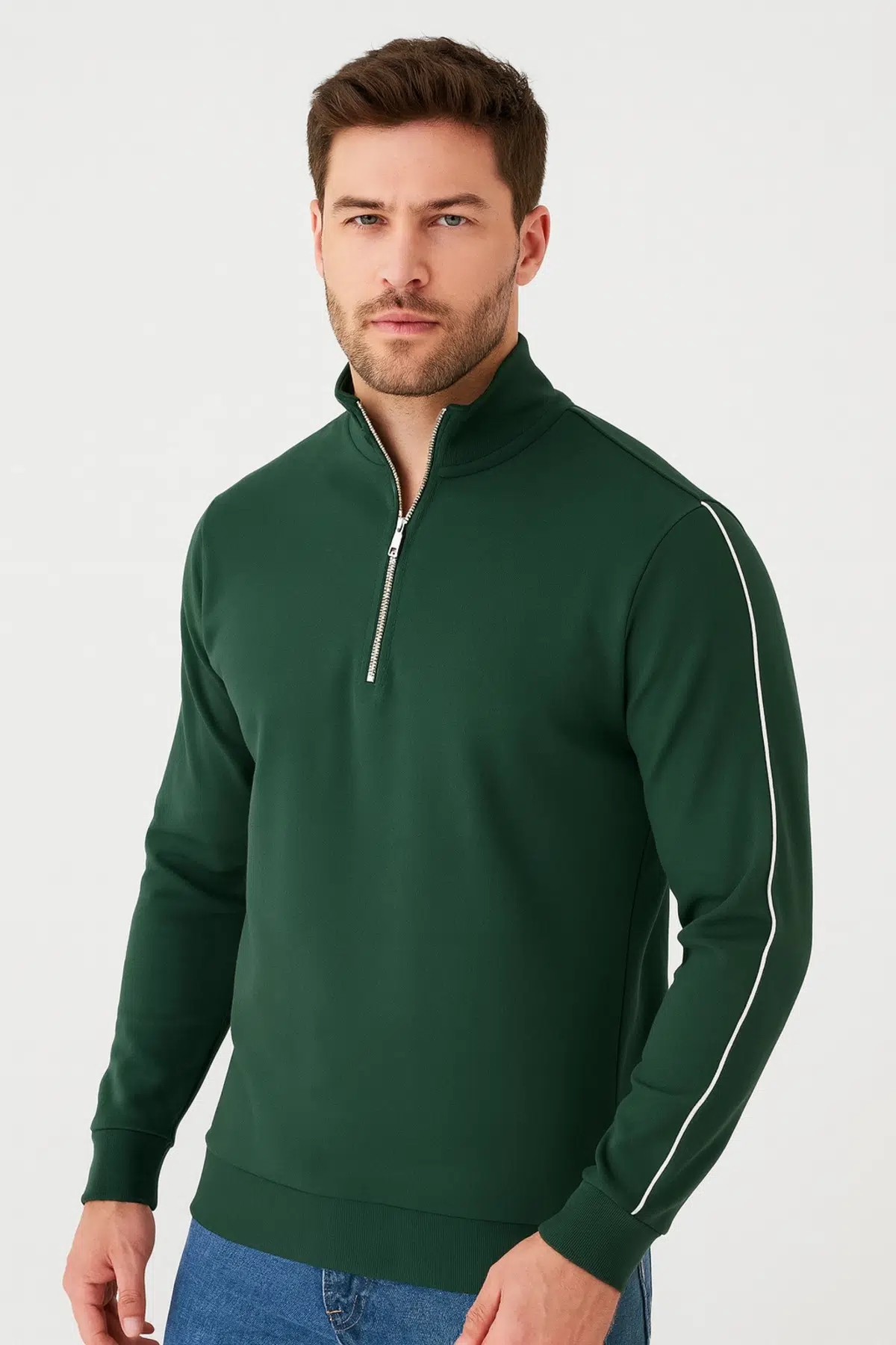 Regular Fit Yarım Fermuarlı Dik Yaka Basic Sweatshirt - Yeşil