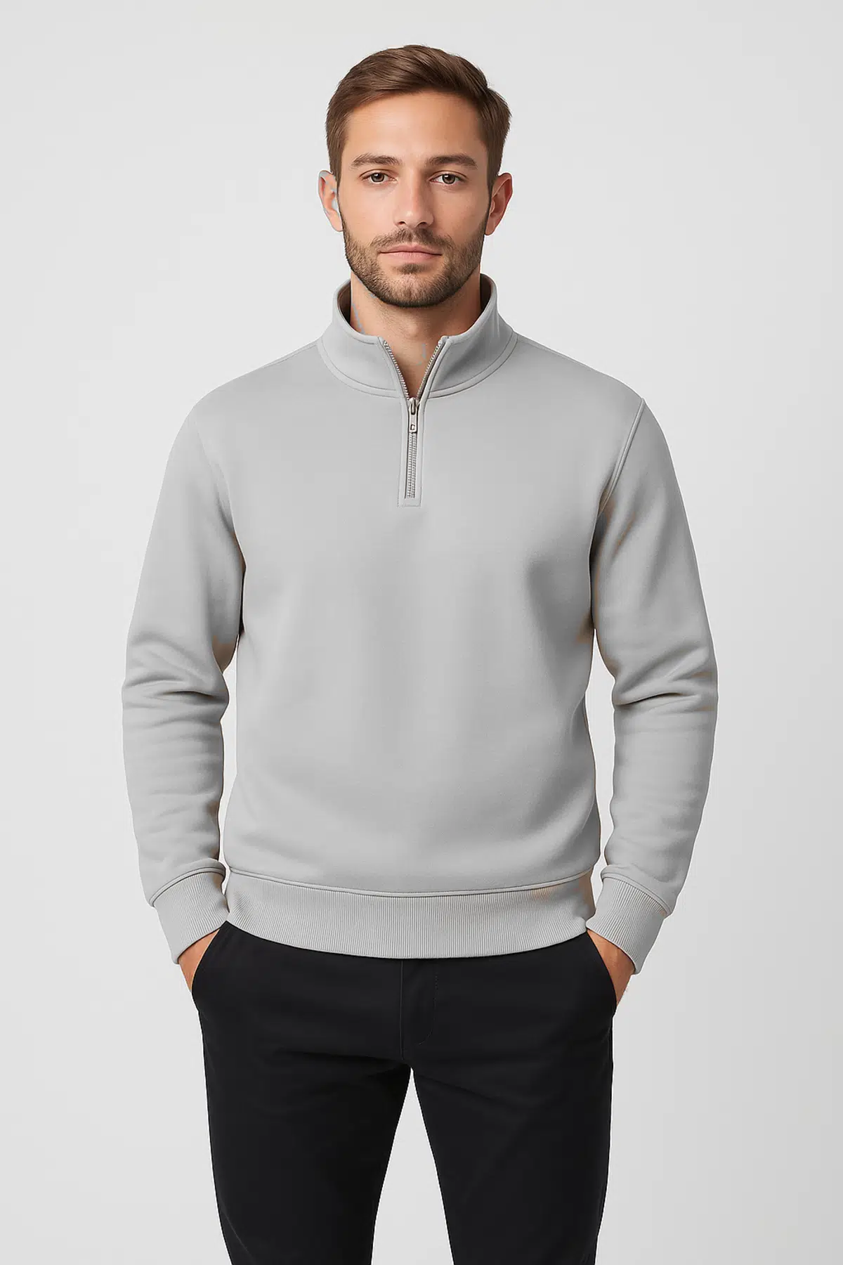 Regular Fit Yarım Fermuarlı Dik Yaka Basic Sweatshirt - Gri