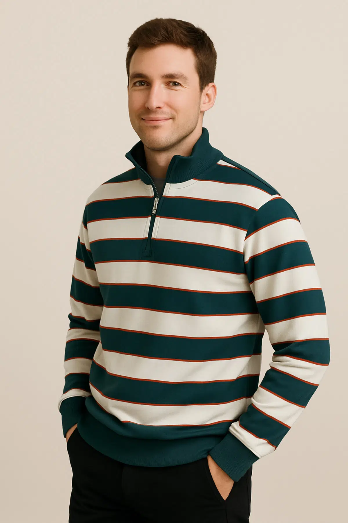 Regular Fit Yarım Fermuarlı Dik Yaka Bloklu Basic Sweatshirt