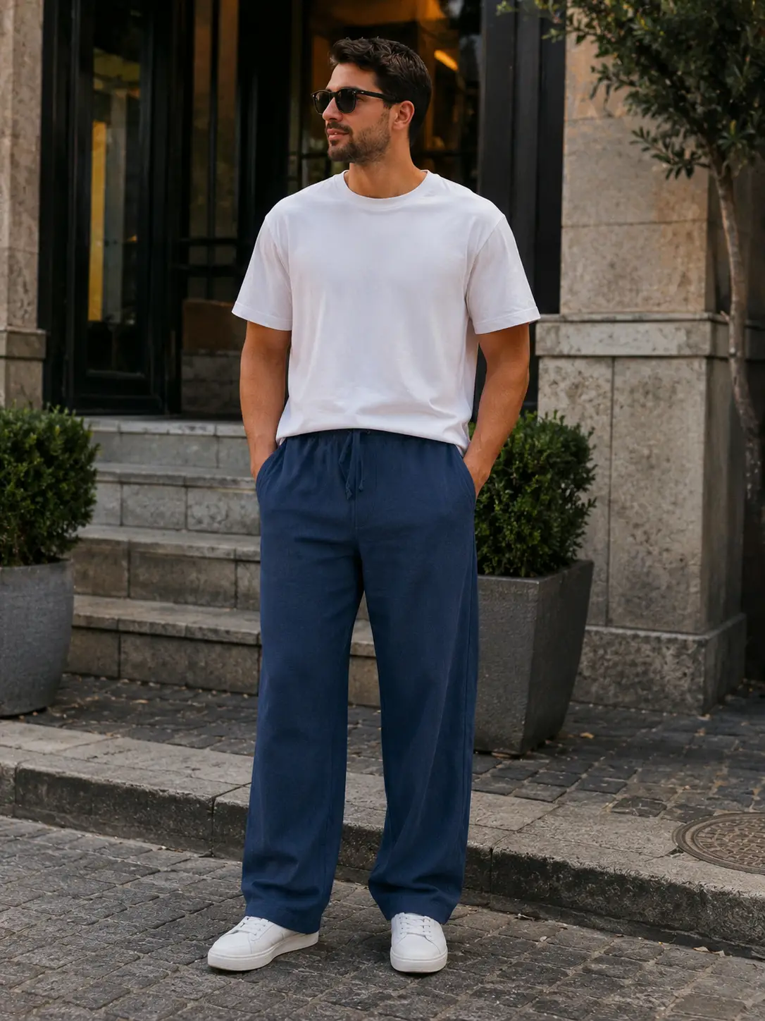 WE&amp;ME Erkek Keten Pantolon Baggy Kalıp Lastikli Belli Bağcıklı Yazlık Günlük Rahat Pantolon - Lacivert