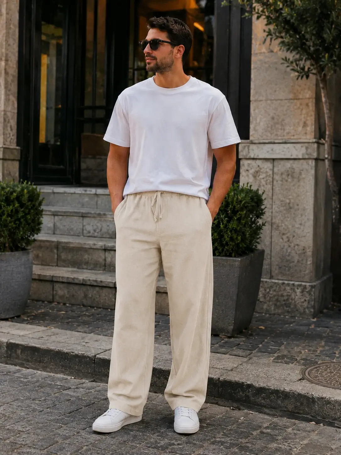 WE&amp;ME Erkek Keten Pantolon Baggy Kalıp Lastikli Belli Bağcıklı Yazlık Günlük Rahat Pantolon - Bej