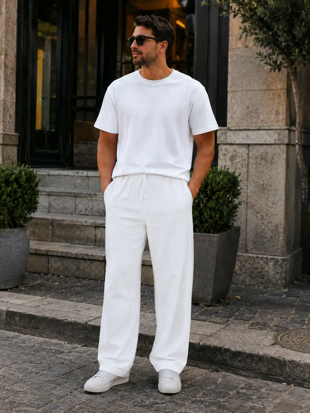 WE&amp;ME Erkek Keten Pantolon Baggy Kalıp Lastikli Belli Bağcıklı Yazlık Günlük Rahat Pantolon - Beyaz