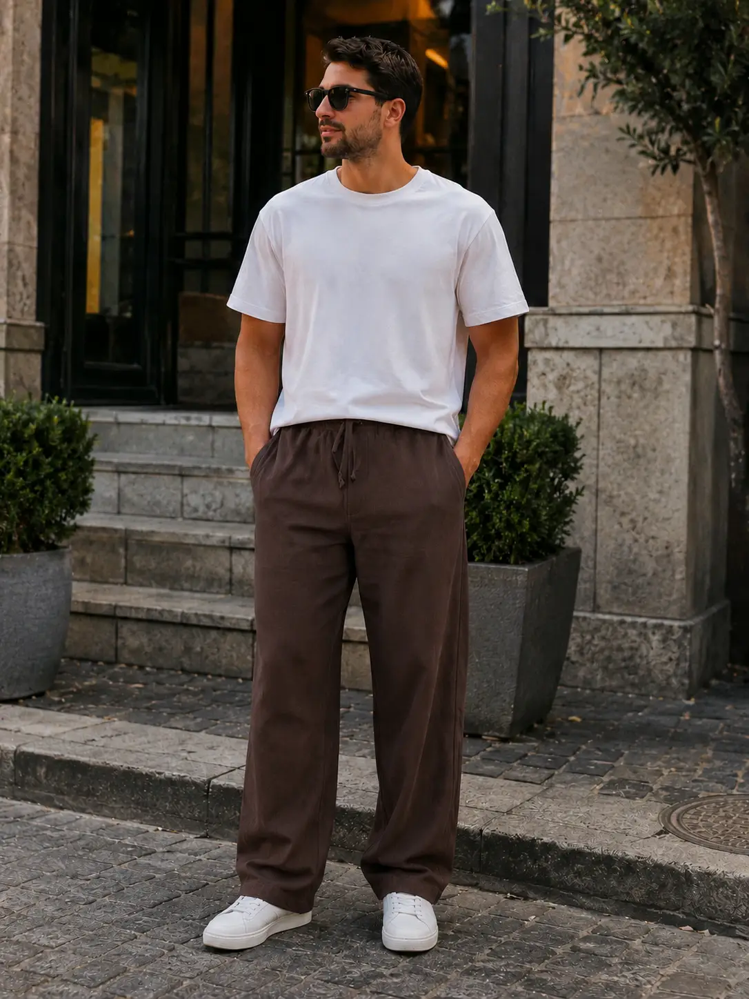 WE&amp;ME Erkek Keten Pantolon Baggy Kalıp Lastikli Belli Bağcıklı Yazlık Günlük Rahat Pantolon - Kahverengi