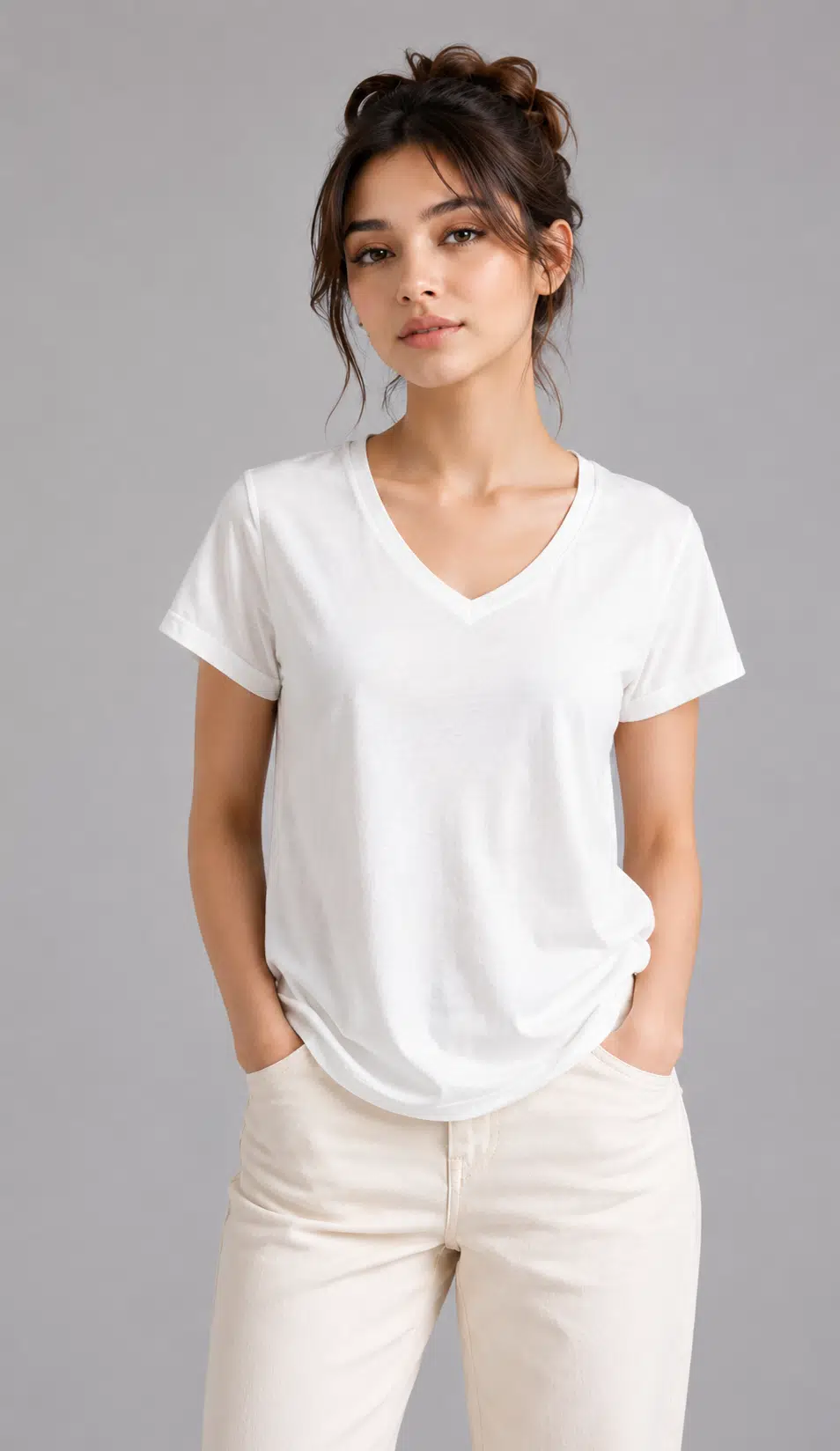 WE&amp;ME Kadın Basic Kısa Kol T-shirt Yumuşak Dokulu %100 Pamuk Günlük T-Shirt - Ekru