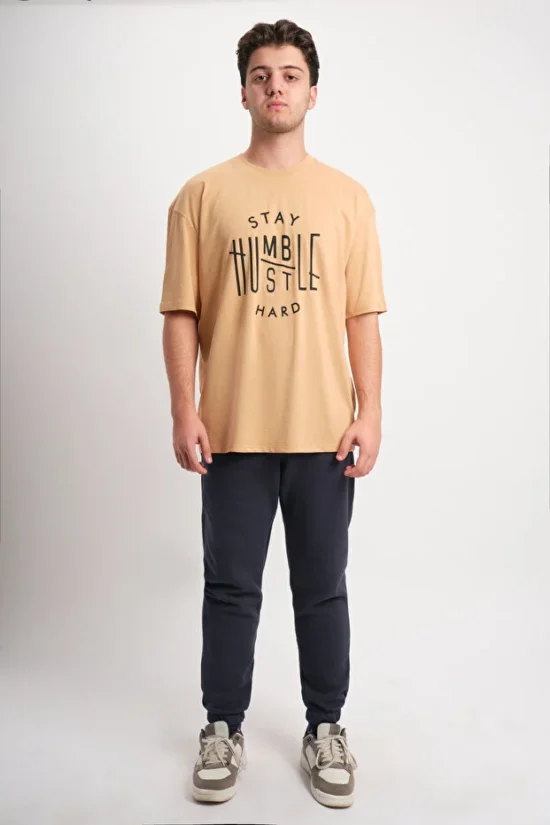 Bej 100% Pamuk Baskılı Oversize Geniş Kalıp Tişört