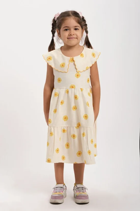 Ekru Kız Çocuk Sarı Çiçekli Desenli Pamuklu Yazlık Elbise