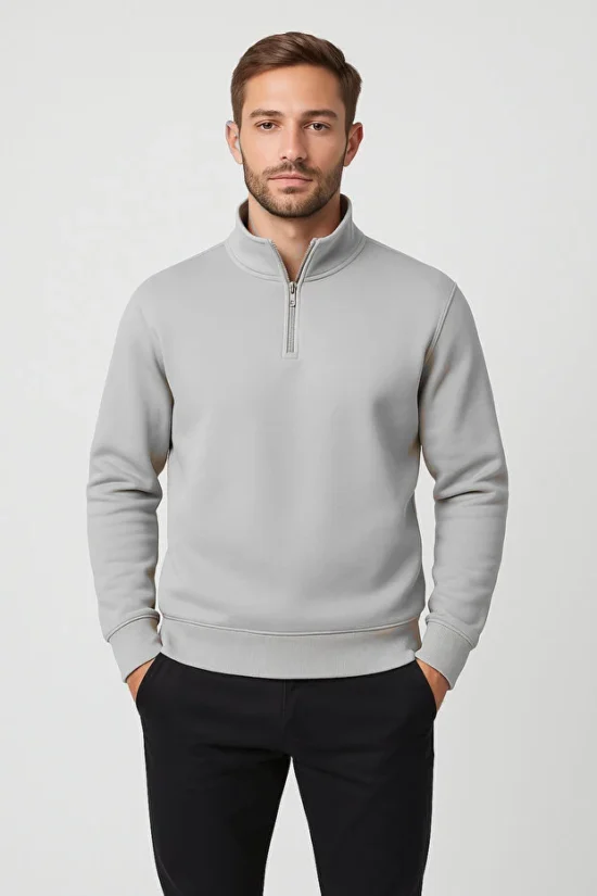 Gri Regular Fit Yarım Fermuarlı Dik Yaka Basic Sweatshirt