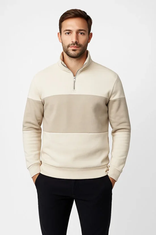 Regular Fit Yarım Fermuarlı Dik Yaka Renk Bloklu Sweatshirt