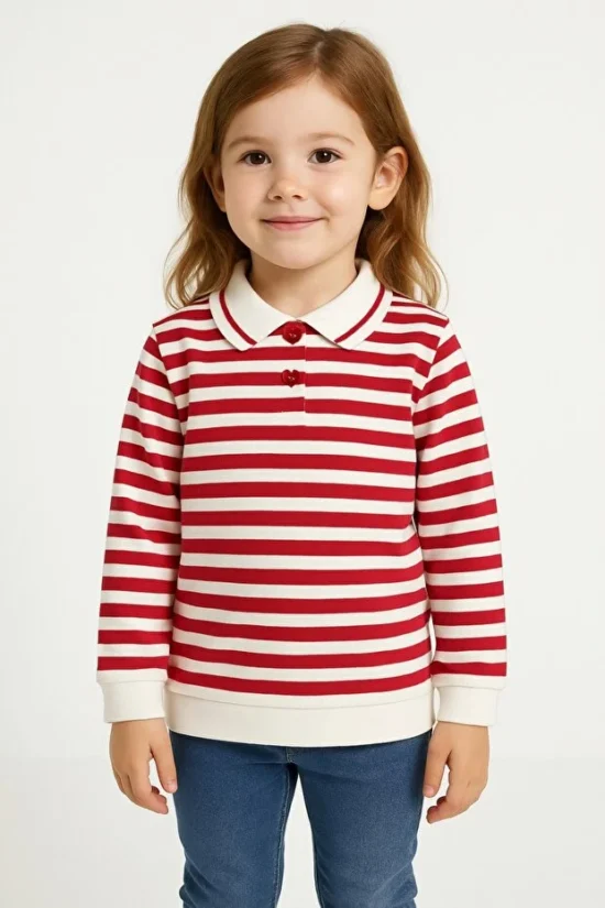 Kız Bebek Kırmızı Çizgili Uzun Kollu Polo Yaka Sweatshirt