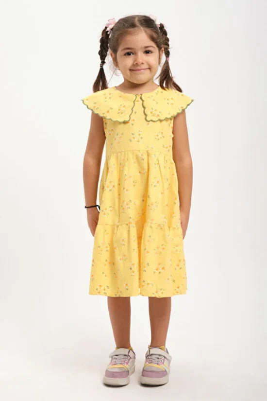 Kız Çocuk Sarı Çiçek Desenli Pamuklu Yazlık Elbise