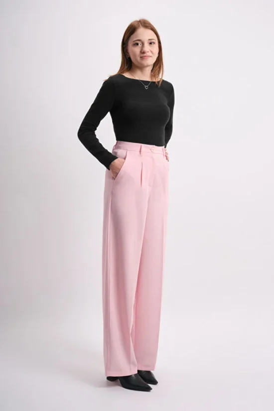 Pembe Yüksek Bel Geniş Paça Krep Kumaş Pantolon