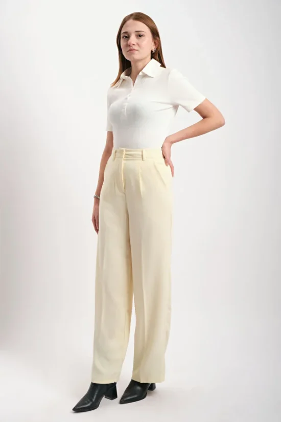 Sarı Yüksek Bel Geniş Paça Krep Kumaş Pantolon