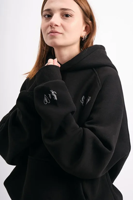 Siyah Oversize Geniş Kalıp Baskılı Kapüşonlu Kadın Sweatshirt