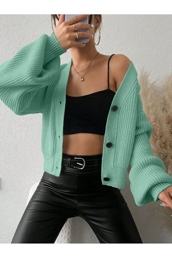 Turkuaz Selanik Kadın Kısa Ceket Düğmeli Triko